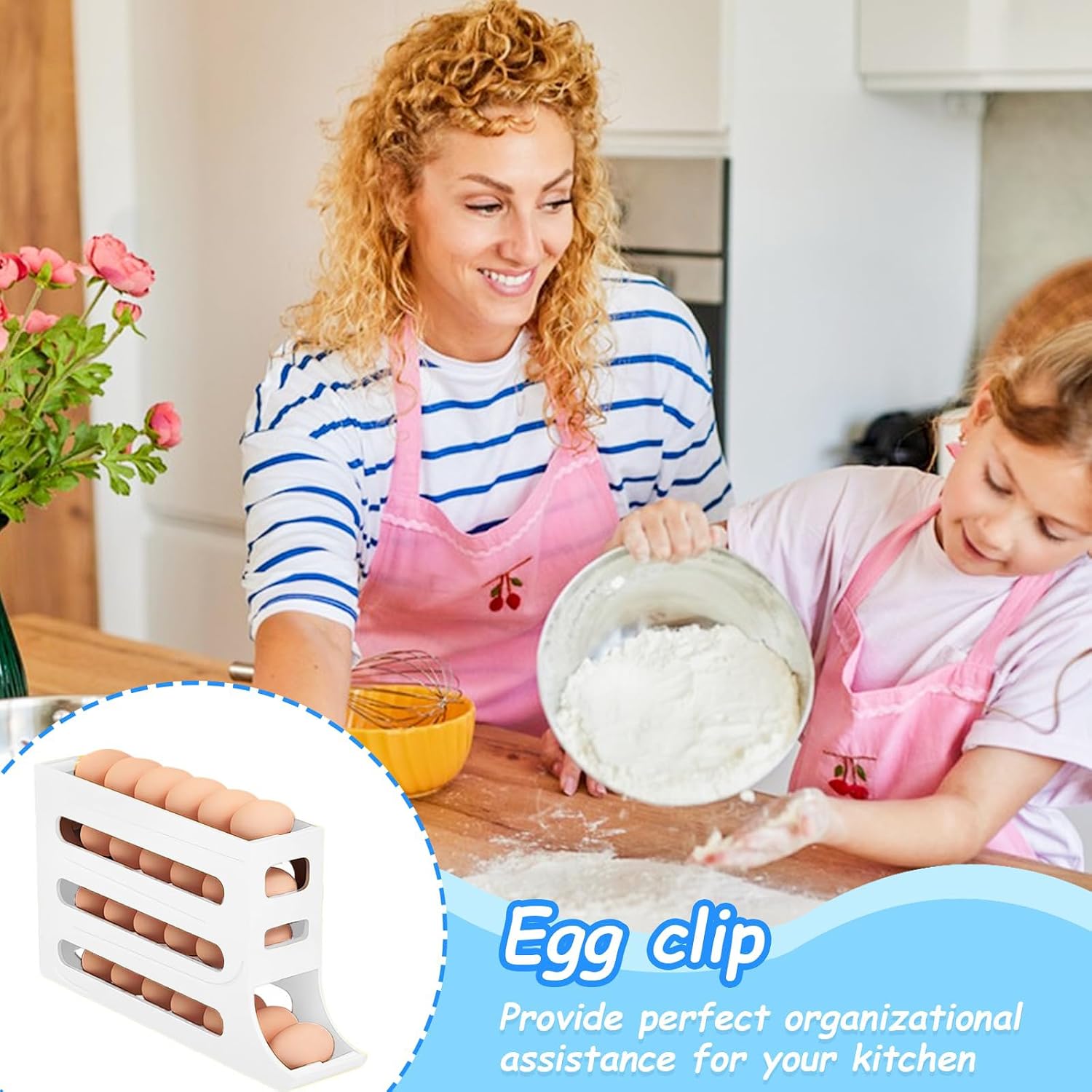 Egg Holder for Fridge, 4 Tiers Dispenser, 30 Egg Container Refrigerator, Large Capacity Organizer Automatic Fridge Rolling Egg Container for Pantry Countertop (White)