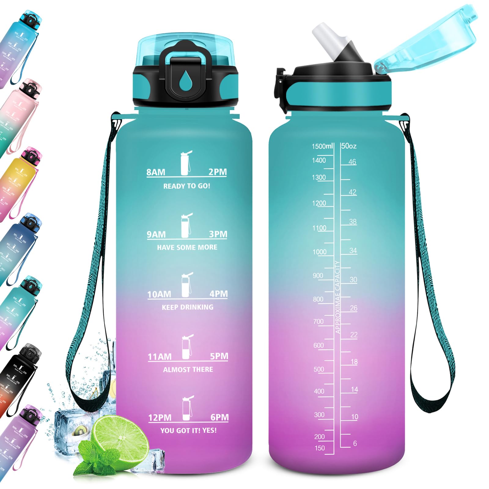 KollyKolla 1.5L Water Bottle with Straw, Reusable Bottle, Leak-proof Water Bottle, Water Bottle with Time Marker, Water Bottles for Bike, School, Fitness, Sports, Gym, Yoga