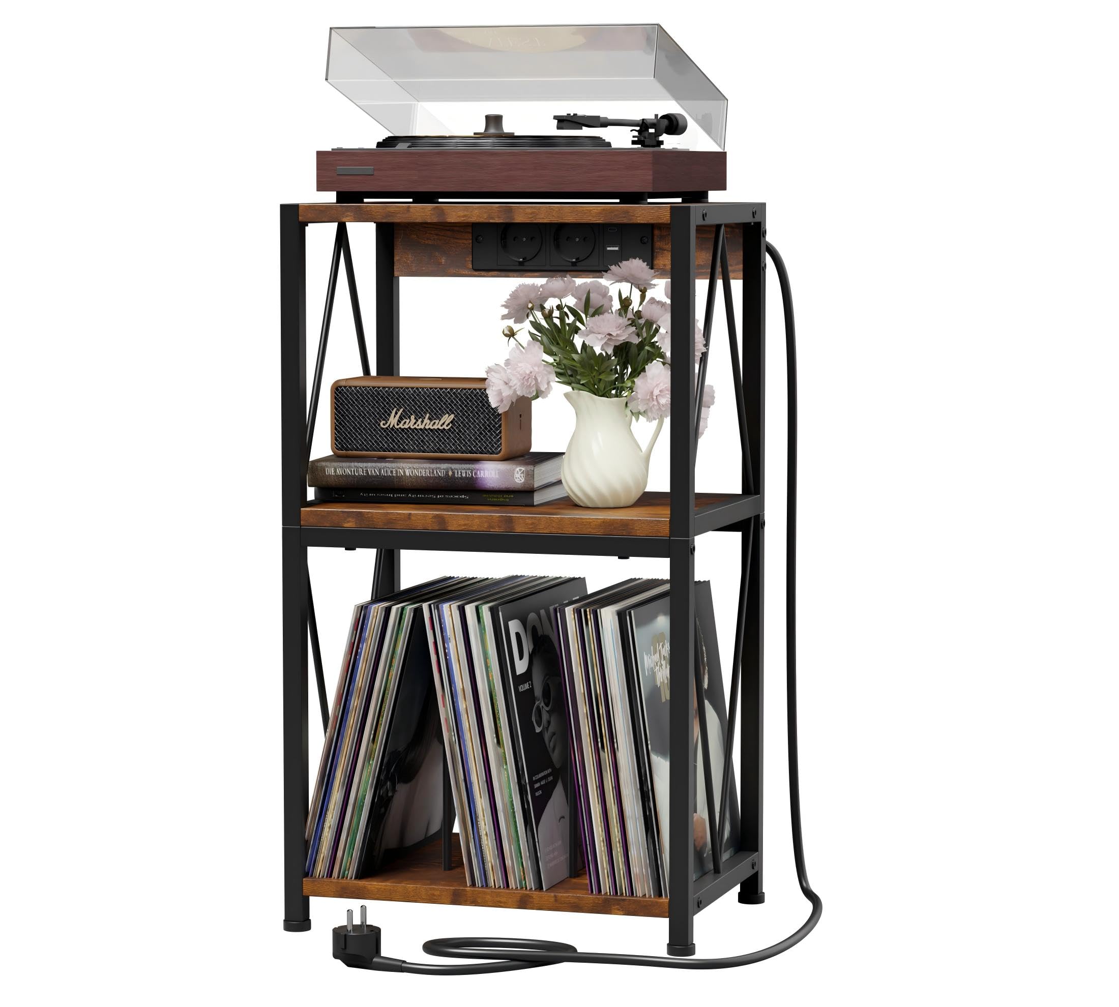 Estantería giratoria de versión mejorada con tablero de mesa más ancho de 50 x 40 cm, estante de 3 pisos, almacenamiento para 100 discos de vinilo, mesa auxiliar para salón o dormitorio