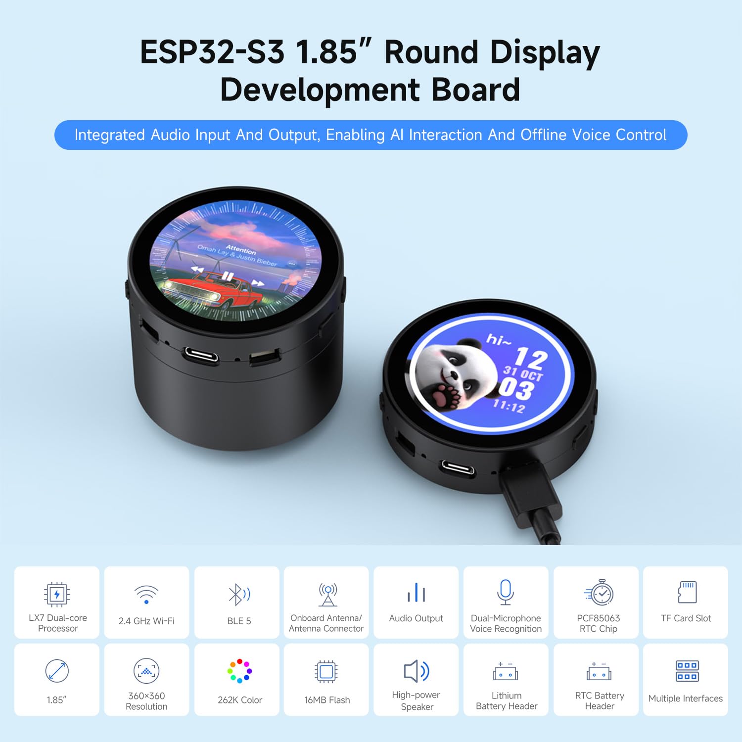 Waveshare ESP32-S3 1.85inch Round LCD Development Board, 360x360, Supports Wi-FI & BT BLE 5, AI Speech, ESP32 with Display with Smart Speaker Box(3.7V Lithium Batt Not Included)