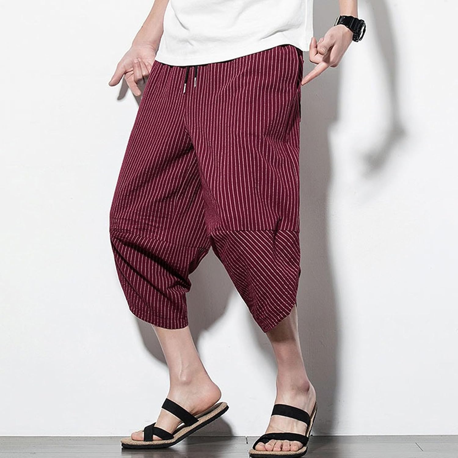 Men Stripe Harem Cropped Trousers Classic Comfy Wide-Leg Lantern Pants Fall Loose Fashion Pegtopped Trouser