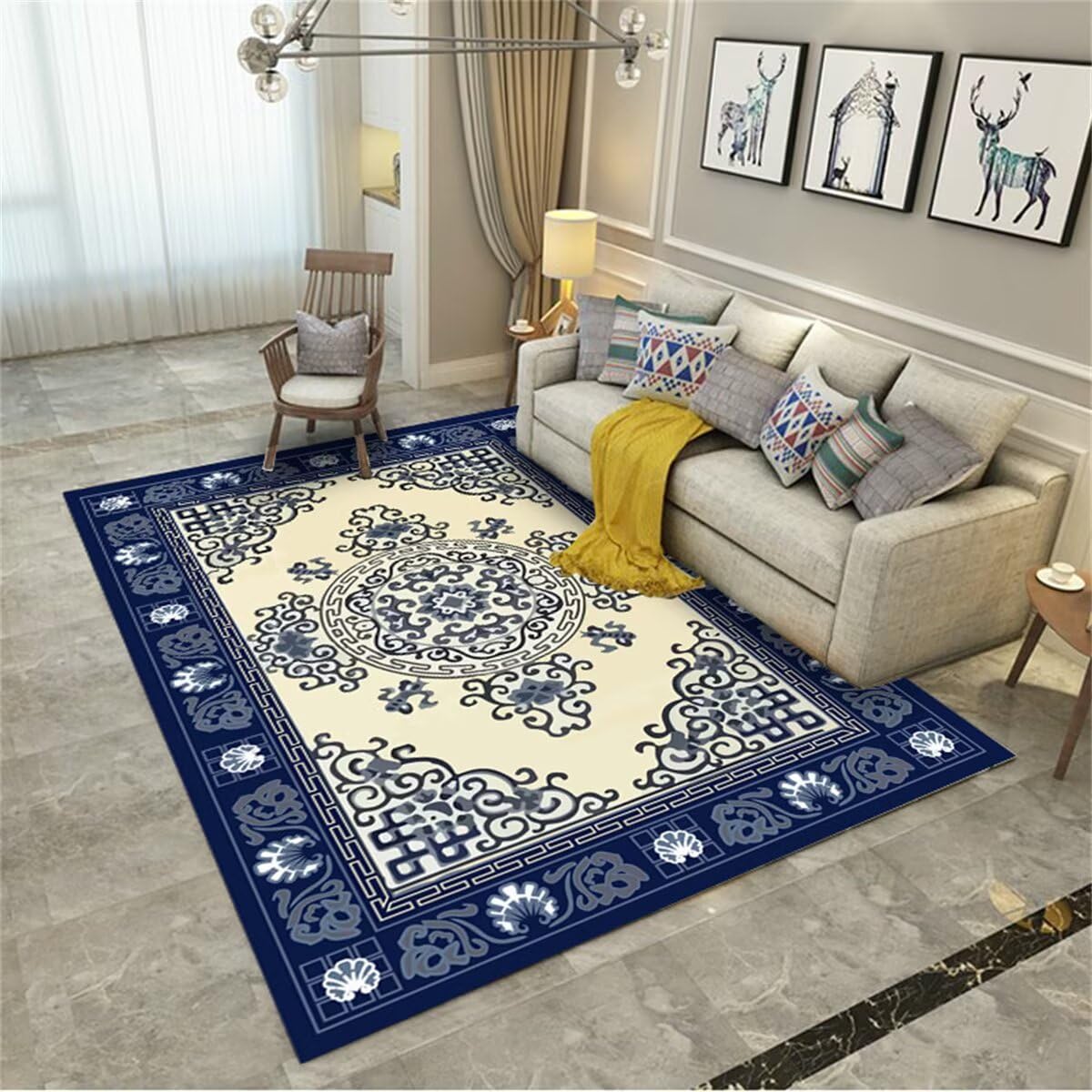 Tapis cheminée 60x90cm bleu et extra fin à motif fleurs vintage pour couloir