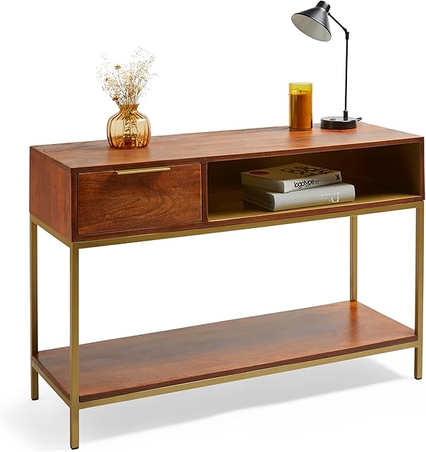 Spinningfield Console Table  Solid Dark Mango Wood Hall Table - Wooden Entryway Table w/Brass Accents - Hallway Storage Unit w/Drawer & Shelf - Hallway & Living Room - No Assembly - Abram Range