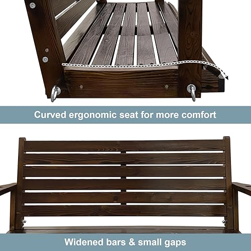 Miniatura 3 de Columpio de madera para porche, asiento ergonómico, columpio de banco con cadenas colgantes y resortes de 0.276 in, resistente, 800 libras, para