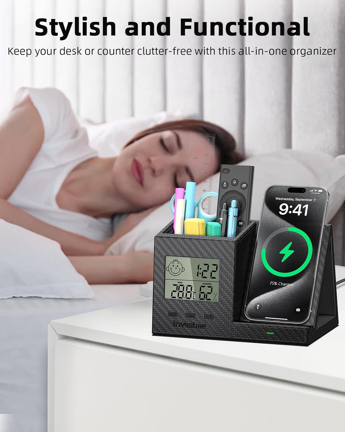 Pen Holder for Desk, Desk Organizer with Wireless Charger, Built in Digital Indoor Thermometer and Humidity Monitor, Multi-Functional Pencil Organizer for Home Office, Black Carbon Fiber