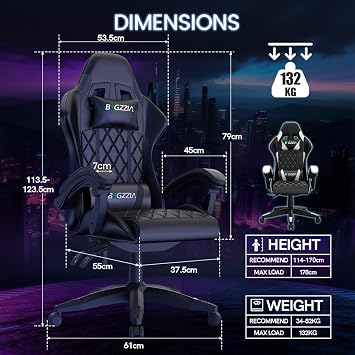 Bigzzia Gaming Chair with Breathable Cushion, Ergonomic Video Game Chairs with Pillow and Lumbar Support (All Black)