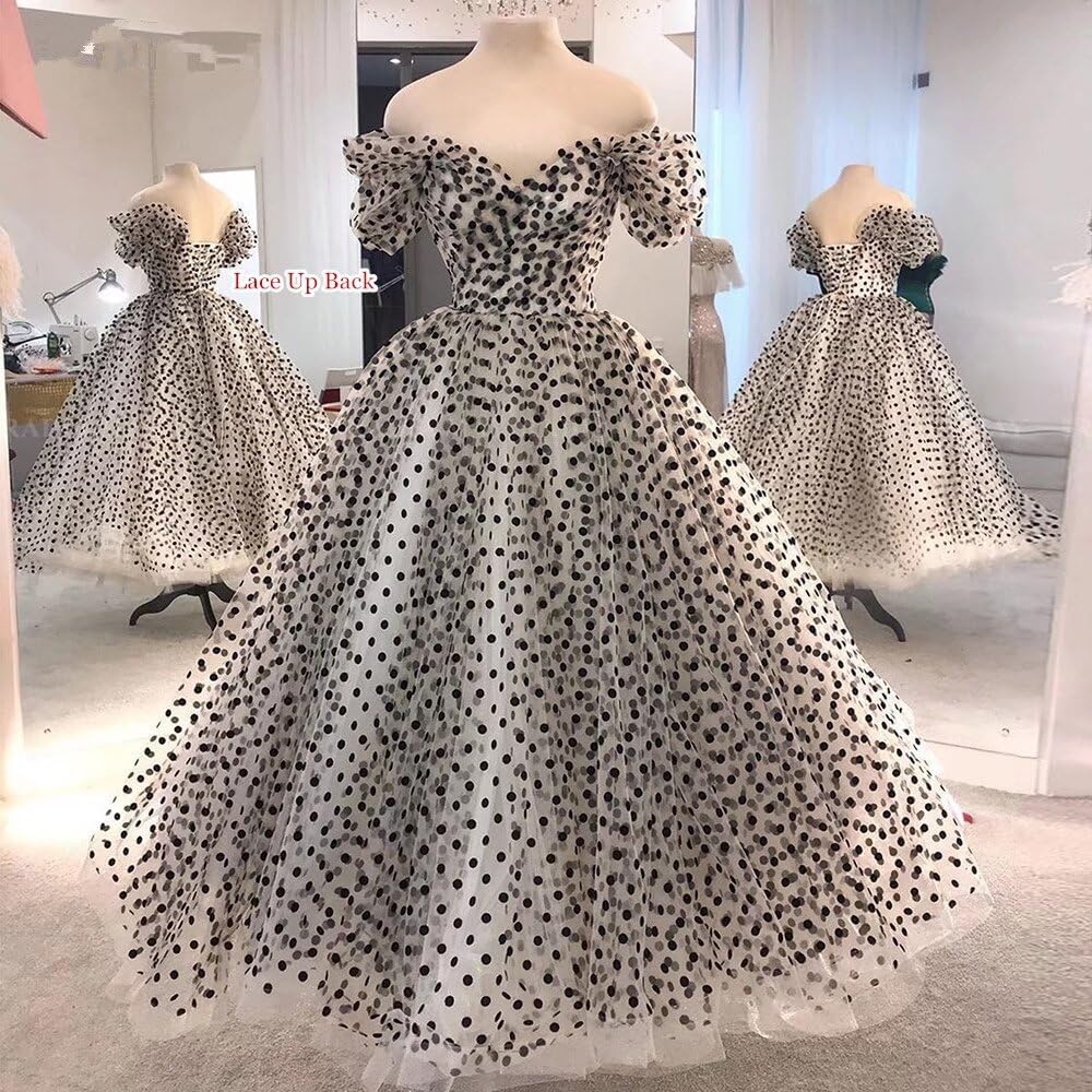Dydsz Vintage Polka Dots Tulle Prom Dress for Women Elegant Evening Dresses Off Shoulder Formal Party Gown Tea Length