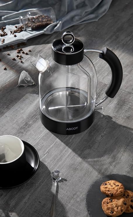 ASCOT Electric Kettle, Glass Electric Tea Kettle, Gift for Man/Women/Family, 1.5L Borosilicate Glass Tea Heater & Hot Water Boiler, Auto Shut-Off Boil-Dry Protection (Black)