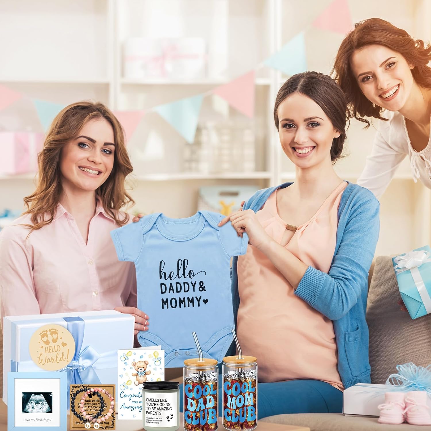 13 Pcs New Mom Gifts for Boys Baby Shower Basket Gift Pregnancy New Parents Basket Gift for Couples Gender Reveal Gifts with Mom and Dad Baby Showers Care Package for First Time Moms