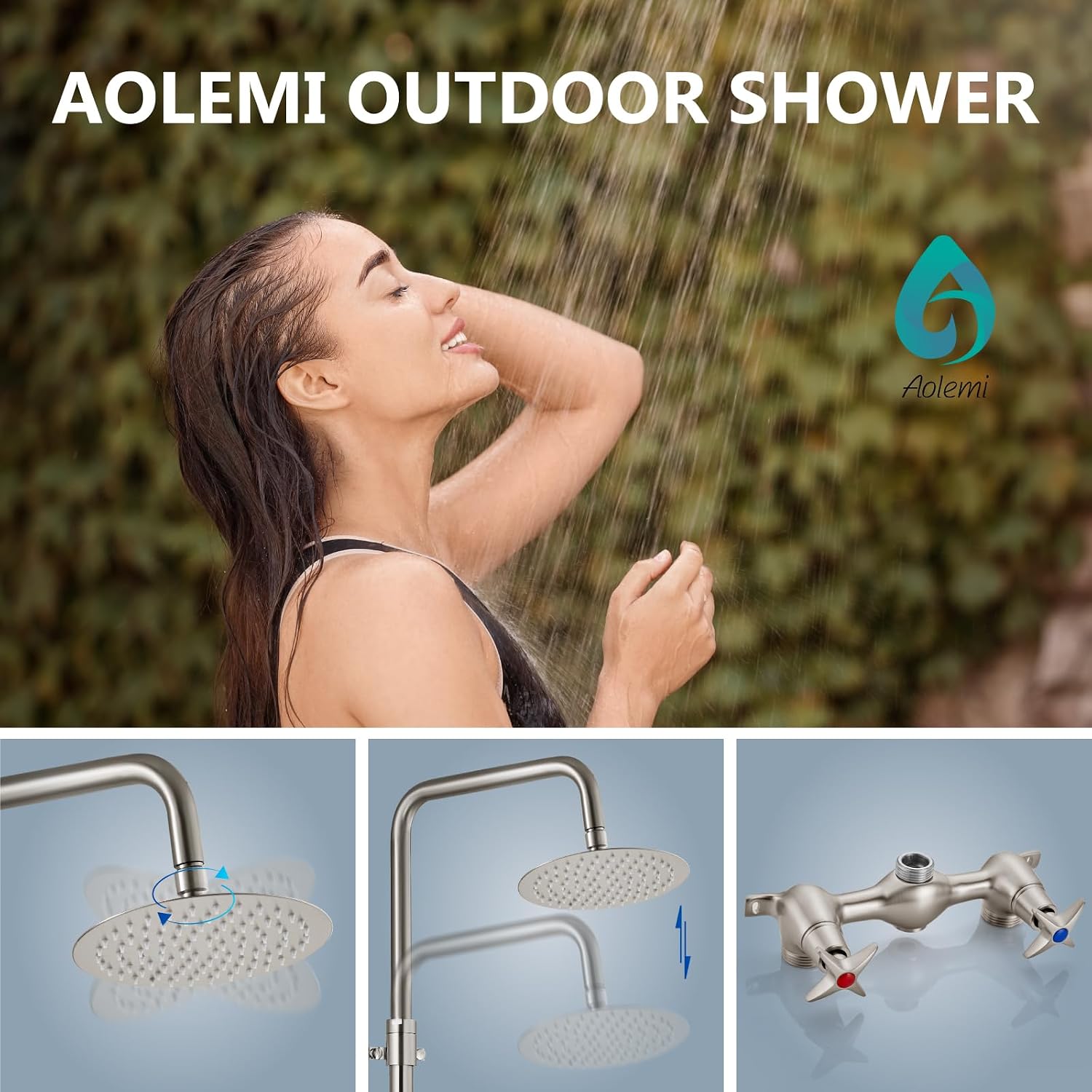 Aolemi Outdoor Shower Kit Outdoor Shower Fixtures Faucet System Double Handle Exposed Shower with 8 Inch Rainfall Shower Head Adjustable Height Shower Pipe 6 Inch Center Brushed Nickel