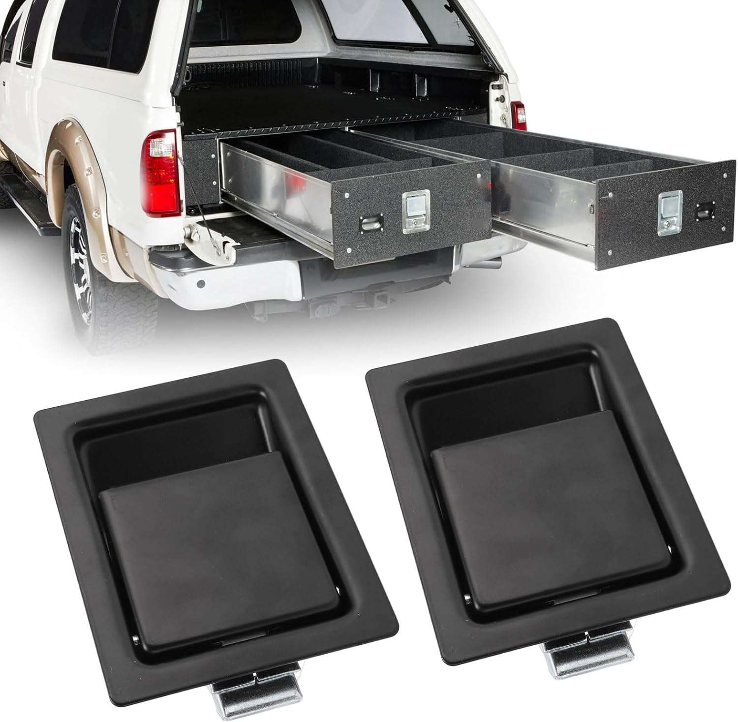 2Pcs Flush Paddle Handle Latch, 127X102mm Carbon Steel, Black Finish, for Truck RV Tool Box Cabinet Door, 10mm Max Thickness