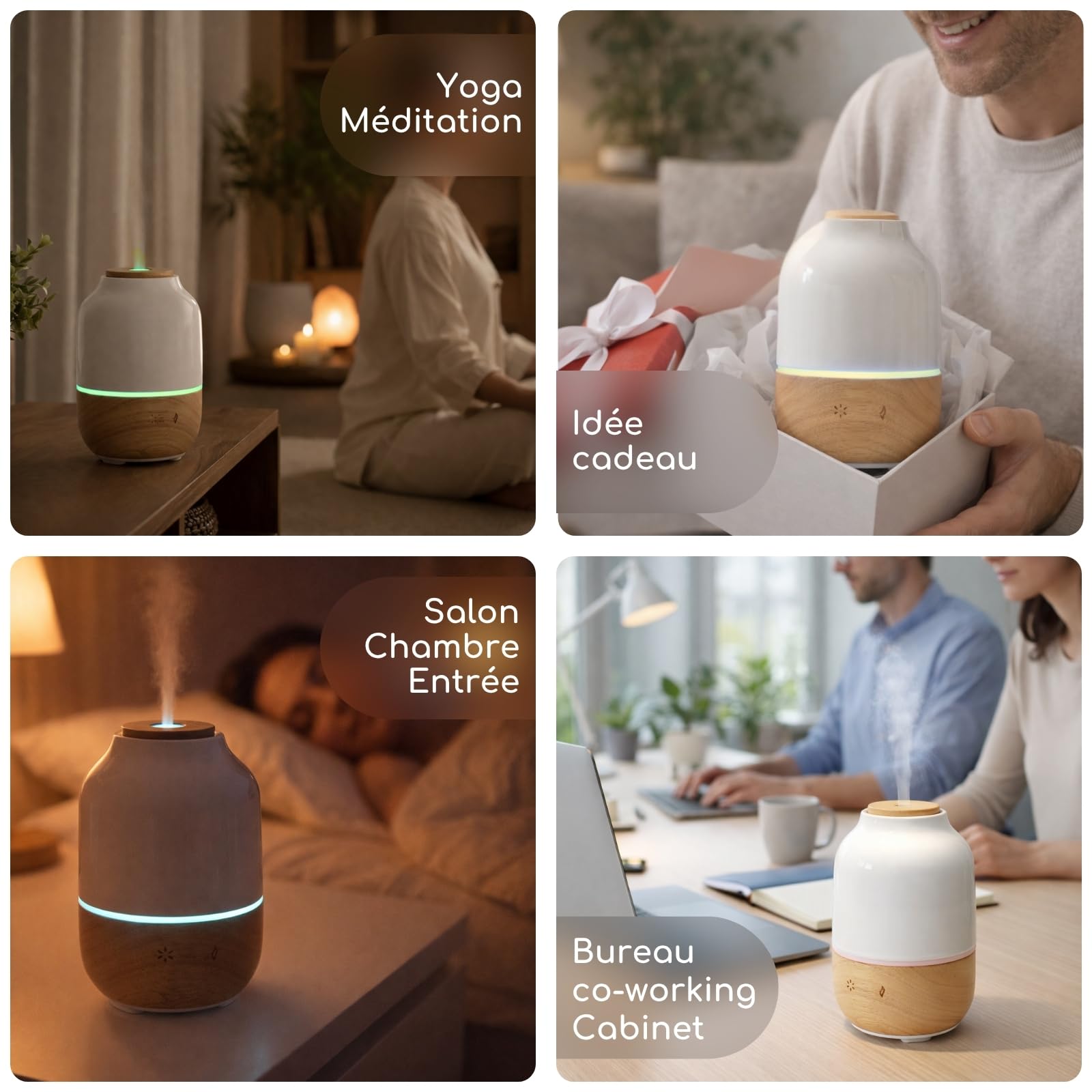 Zen’Arôme - Diffuseur d’Huiles Essentielles Ultrasonique Purisia (Jusqu’à 40 m²) - Diffusion à Froid pour l’Aromathérapie - Mode Continu ou Alterné - Éclairage Multifonction - Céramique et Bois
