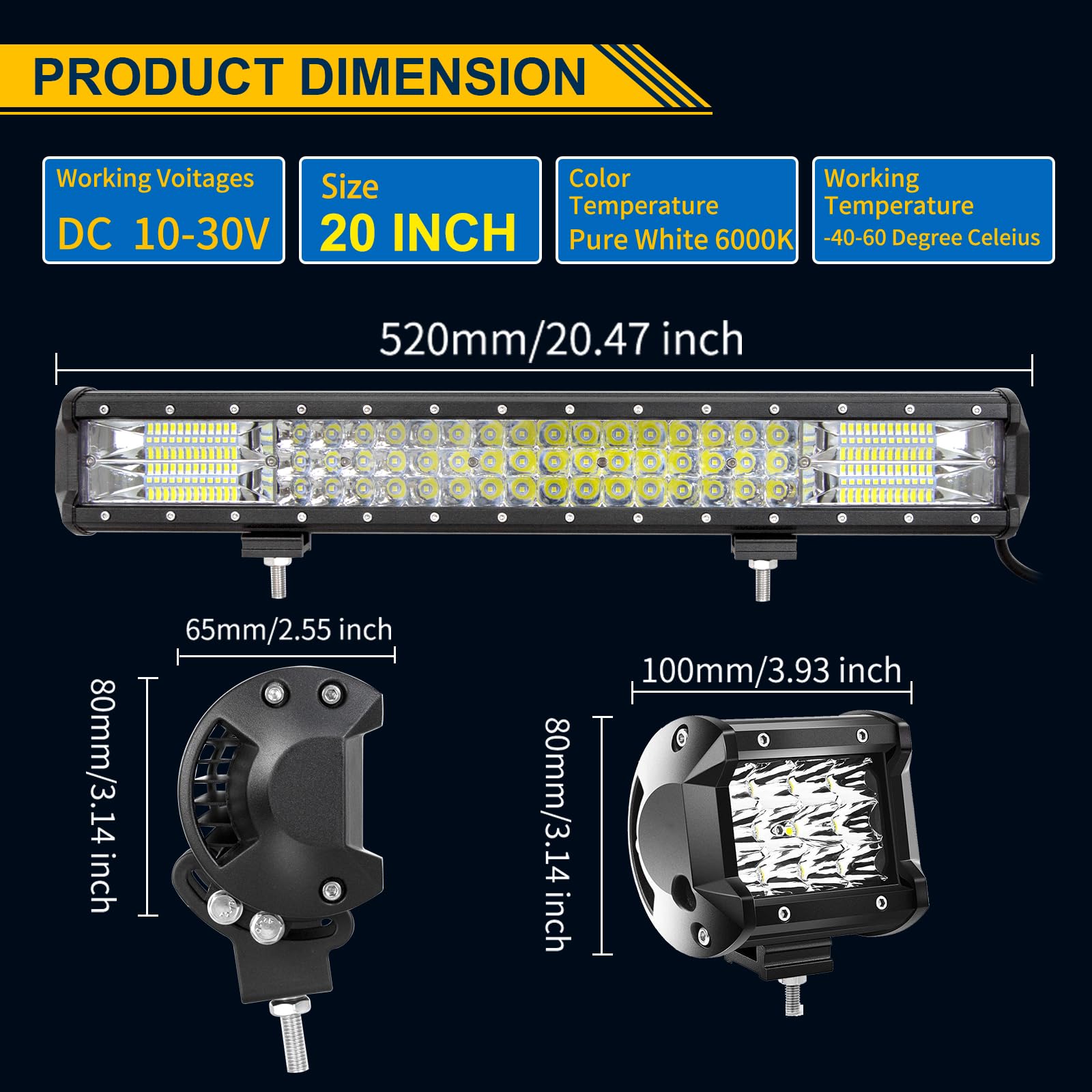 PICAA 20 Pulgadas 288W Barra LED 4x4 y 2x 4 36W Foco Led y Cableado Kit, Luz de Trabajo LED 12V 24V 6000K Faro Led Coche Camión Todoterreno Barras Luminosas Led