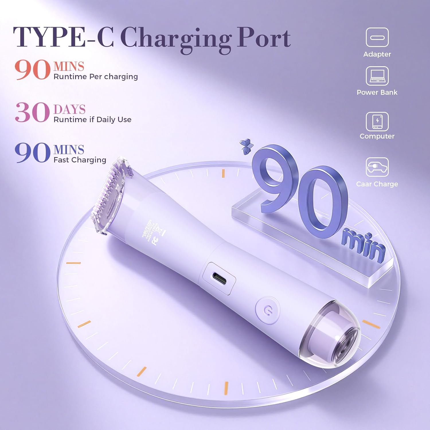 Bikini Trimmer for Women, Flyant 2 in 1 Electric Shaver for Women, Pubic Hair Trimmer Waterproof IPX7 with LED, Bikini Razor for Leg Arm Underarm Bikini Area, Teen Girl Gifts - Lavender Dream Purple - Image 5