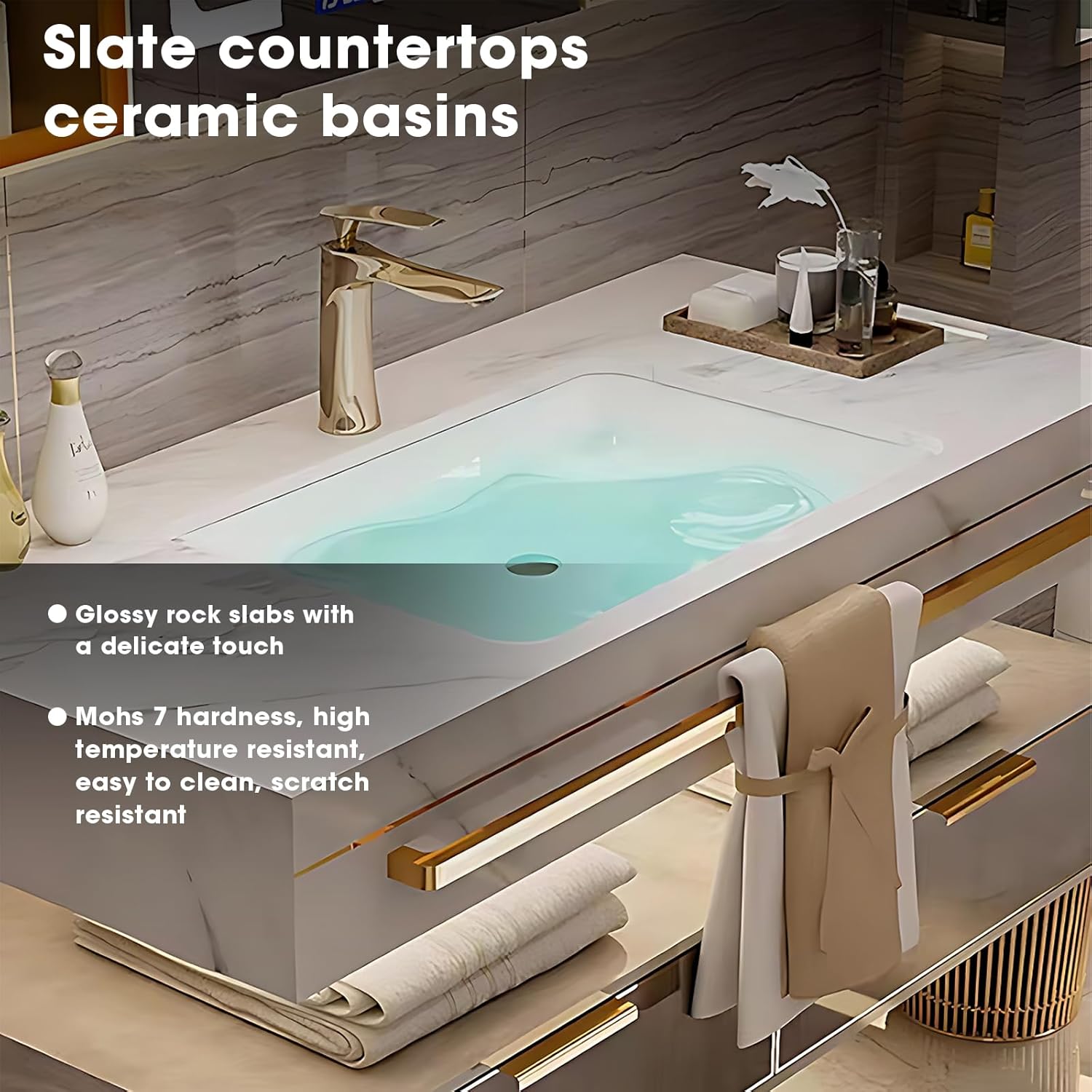 Bathroom Vanity - Double Floating Vanity Cabinet Sink and Glass Multilayer Solid Wood Modern Led Mirror (60IN)