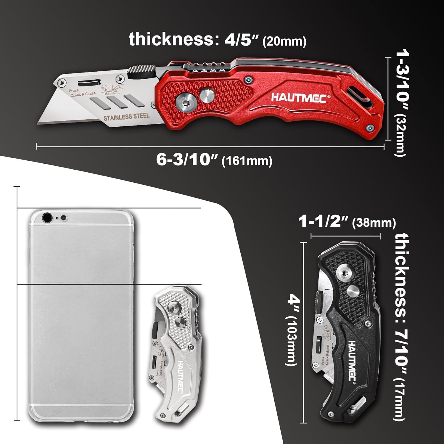 HAUTMEC 3-Pack Folding Utility Knife, Heavy-Duty Aluminum Box Cutter with Quick-Change Blades & Lock-Back Safety Design, Ergonomic Streamlined Grip Includes 15 Extra SK5 Blades, HT0429