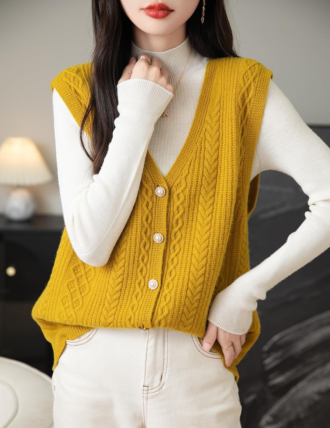 Chanyarn Women's 100% Merino Wool Sweater Vest 2025 Fall Winter V Neck Button Down Sleeveless Cable Knit Sweater Vest - Image 2