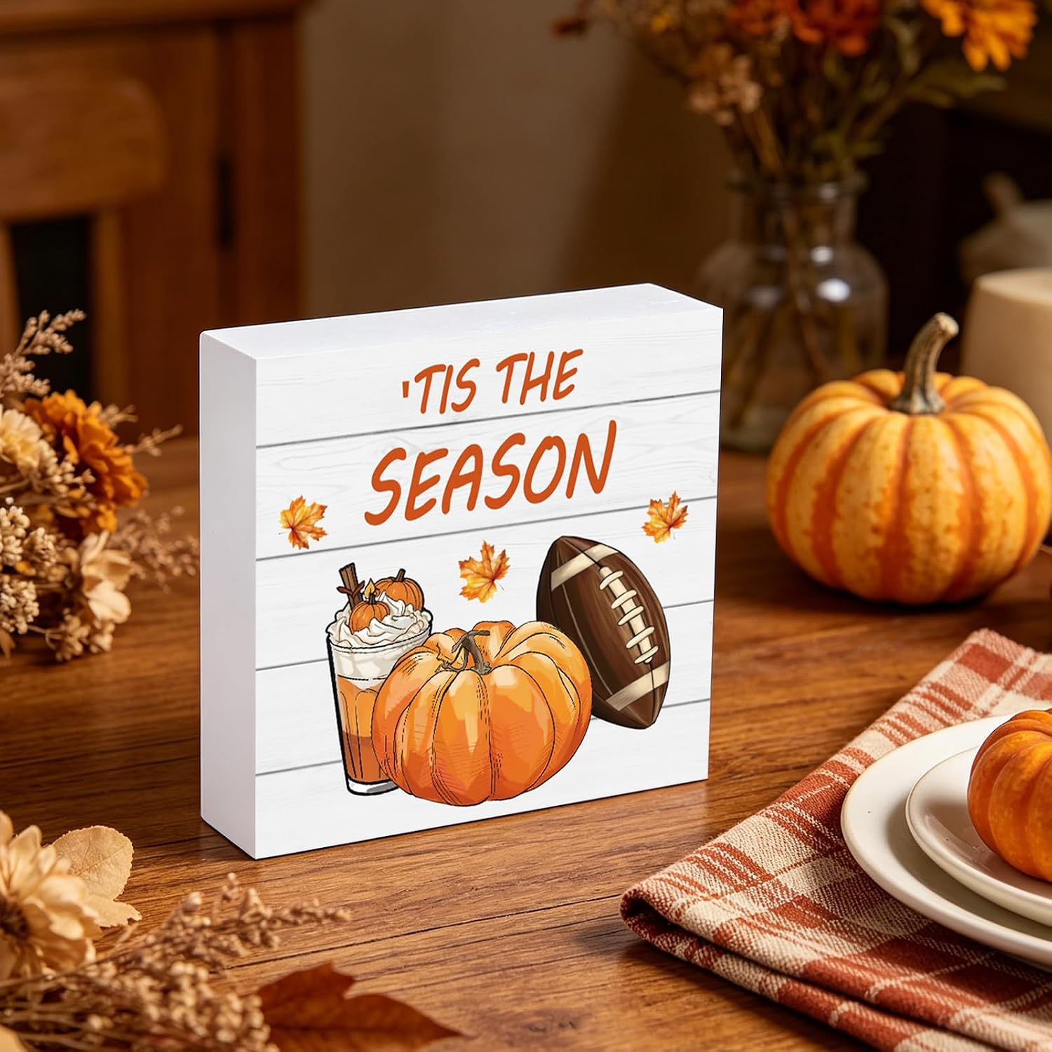 Fall Decorations for Home Fall Decor Home Bathroom Pumpkin Room Table Wood Box Sign Rustic Wooden Shelf Desk Office Decor Season Sign House Warming Gifts 5.9 x 5.9 Inch