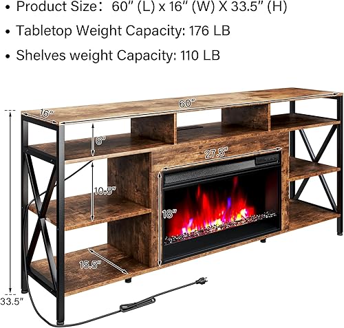 Miniatura 28 de TC-HOMENY Soporte de TV de 60 pulgadas con chimenea eléctrica de 27.5 pulgadas, consola de TV con regleta de alimentación para televisores de hasta