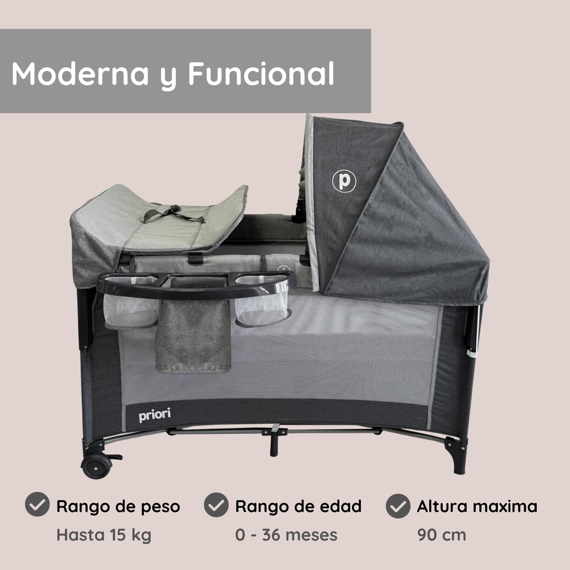 Priori Baby Halley Cuna Colecho Convertible 2 en 1 para Bebé – Portátil con Cambiador, Toldo y Juguetes, Regulable en Altura con Malla Transpirable Ruedas con Freno y Colchón Suave, Hasta 15 kg (Gris)