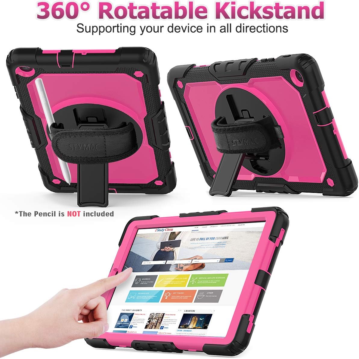 SEYMAC stock Case Compatible with Galaxy Tab A 10.1 Case 2019 with Screen Protector Pencil Holder [360 Rotating Hand Strap] &Stand, Drop-Proof Case for Samsung Tab A 10.1 (Pink+Black)