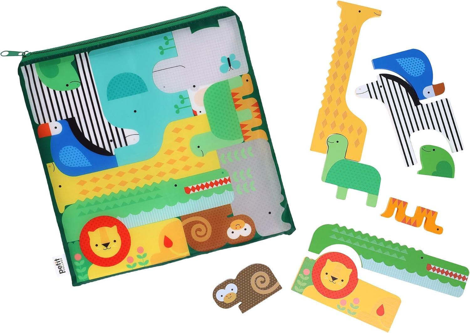 Petit Collage: Shaped Wooden Puzzle – Safari | Includes 12 Wooden Animal Pieces | Follow The Guide or Make Your Own Safari Adventure | Great for Ages 3+