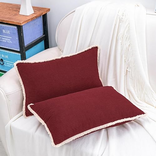 Miniatura 2 de HWY 50 Juego de 2 fundas de almohada rectangulares decorativas de color rojo burdeos de 12 x 20 pulgadas para sofá, cama, felpilla suave y sólida,
