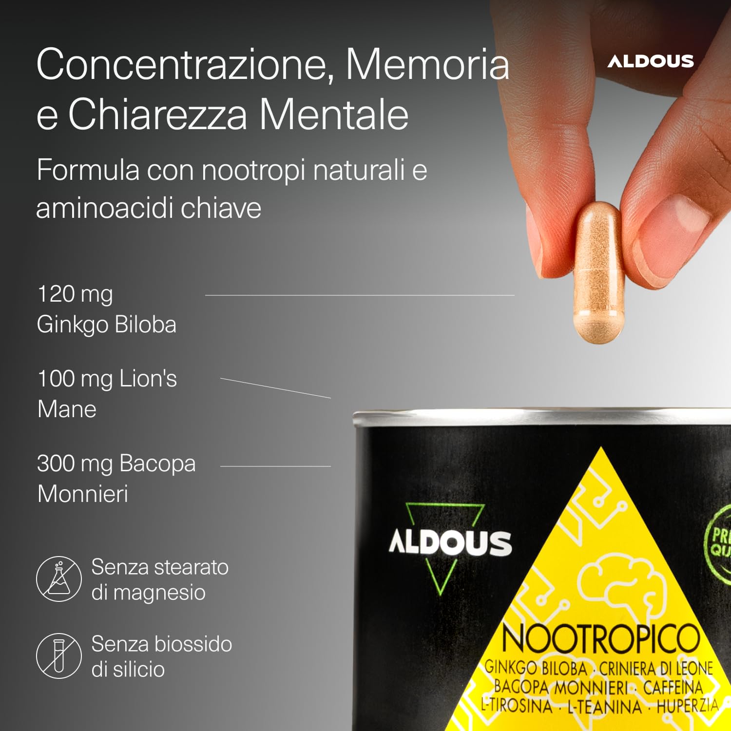 Nootropico - 80 Capsule - Con L-Tirosina, Bacopa Monnieri e Ginkgo Biloba Lions Mane, Caffeina, Tirosina, Teanina, Huperzia- Concentrazione, Memoria, Energia - per Cervello - Migliora Focus - ALDOUS