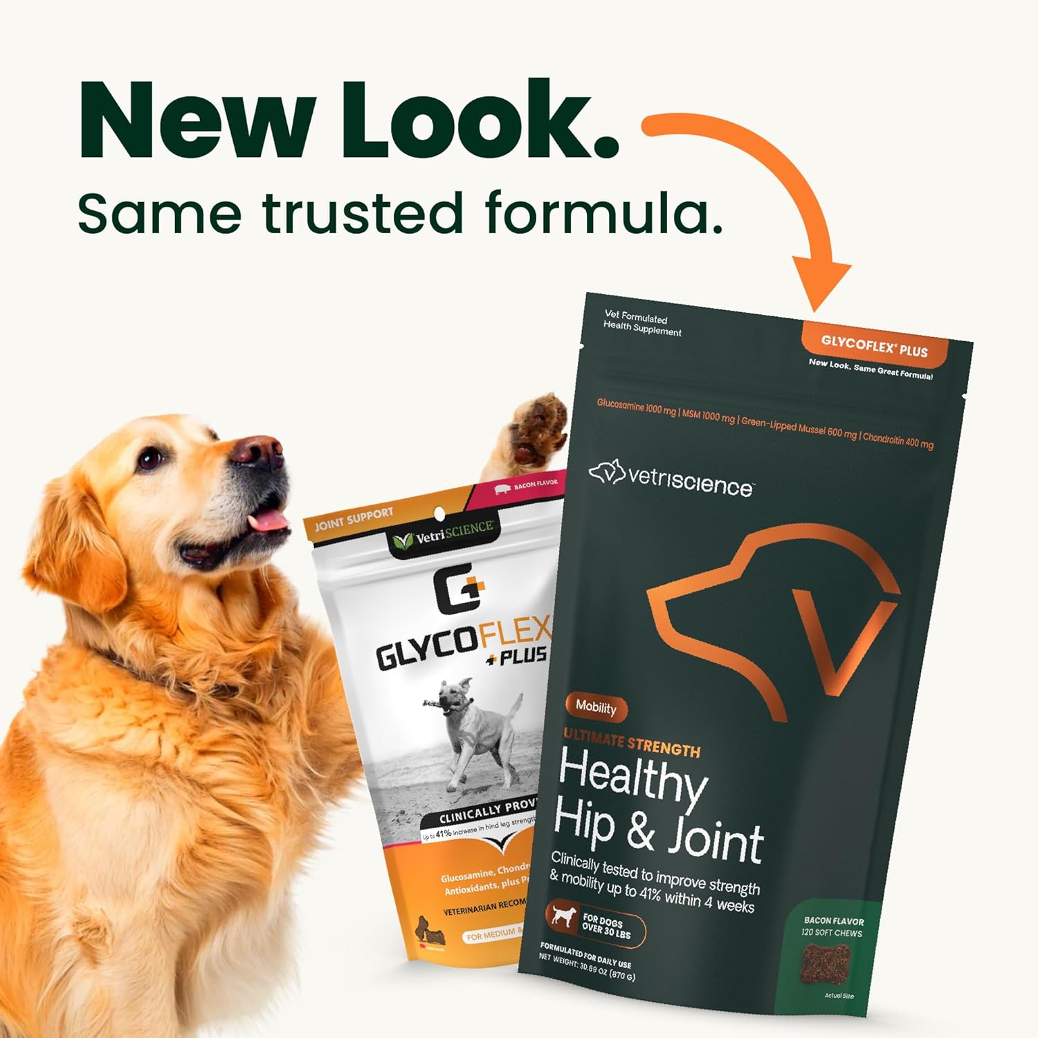 VetriScience Ultimate Strength Healthy Hip & Joint Chews, GlycoFlex Glucosamine, Chondroitin and Green-Lipped Mussel Joint Support Supplement for Dogs, Soothe Joint Discomfort, Bacon, 120 Count