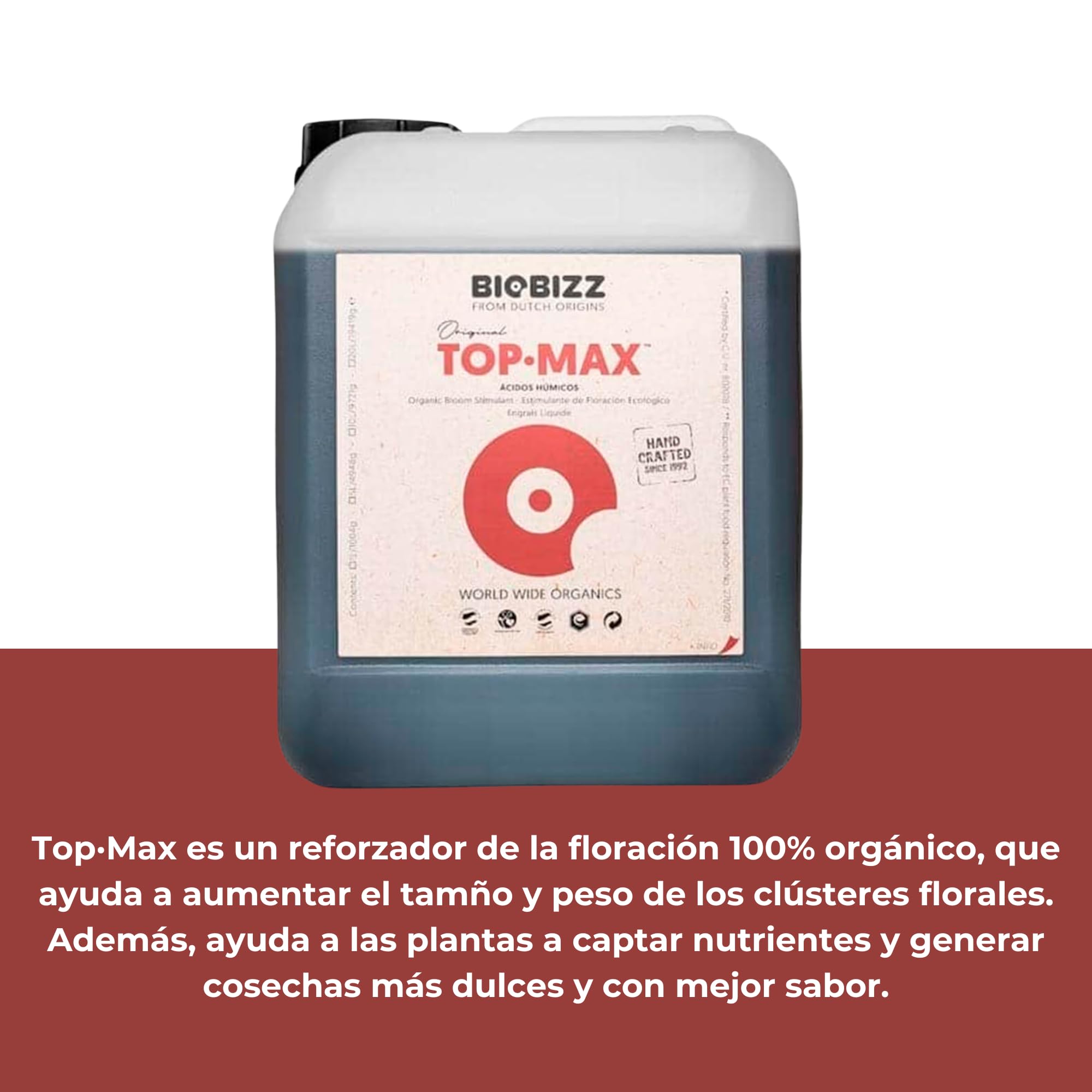 GROWMANIA Top Max de BioBizz 10L + Muestra Boost Up de Up Nutrients + Vaso Medidor | Fertilizante de Floración para Agricultura a Gran Escala | Potenciador de Floración y Fructificación