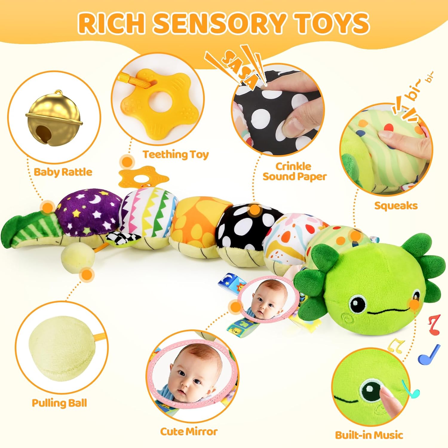 Baby Toys for 0-6 6-12 Months, Plush Axolotl Toy with Crinkle and Rattles for Infant Newborn, Sensory Music Animal Stuffed Toy for 0 1 2 3 4 5 6  Month, Tummy Time Toys Gifts for 0-3-6-12 Months,Green