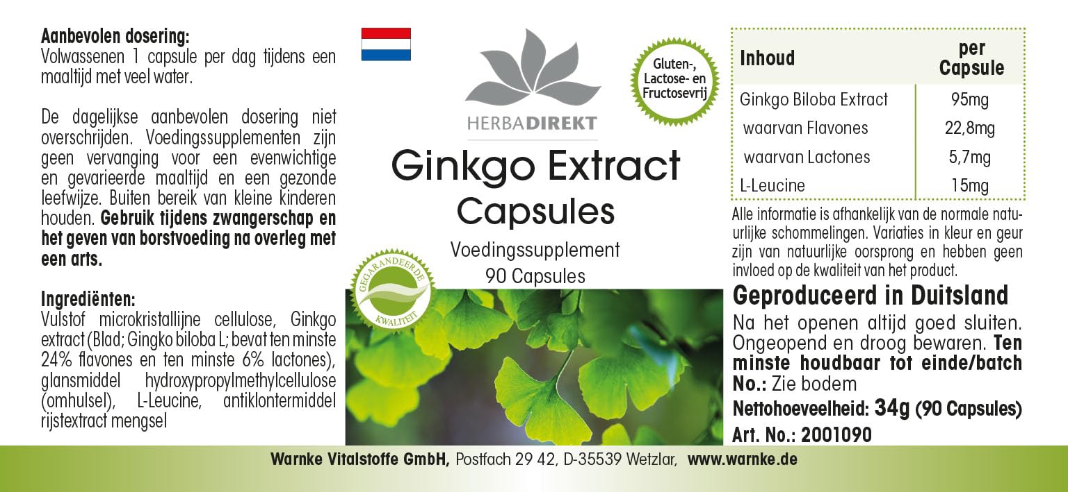 Estratto Ginkgo Biloba capsule 95mg - 90 capsule - almeno 24% di flavoni e almeno 6% di lattoni | HERBADIREKT by Warnke Vitalstoffe - Qualità da farmacia tedesca