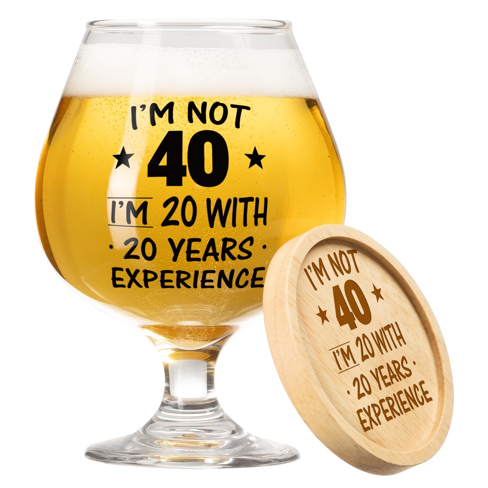 KAAYEE Funny 40th Birthday Gifts for Men, 510ml Beer Glass with Wooden Coaster Gift idea for 40 Year Old Man, Best 1986 Present for Dad Grandad Husband Friend