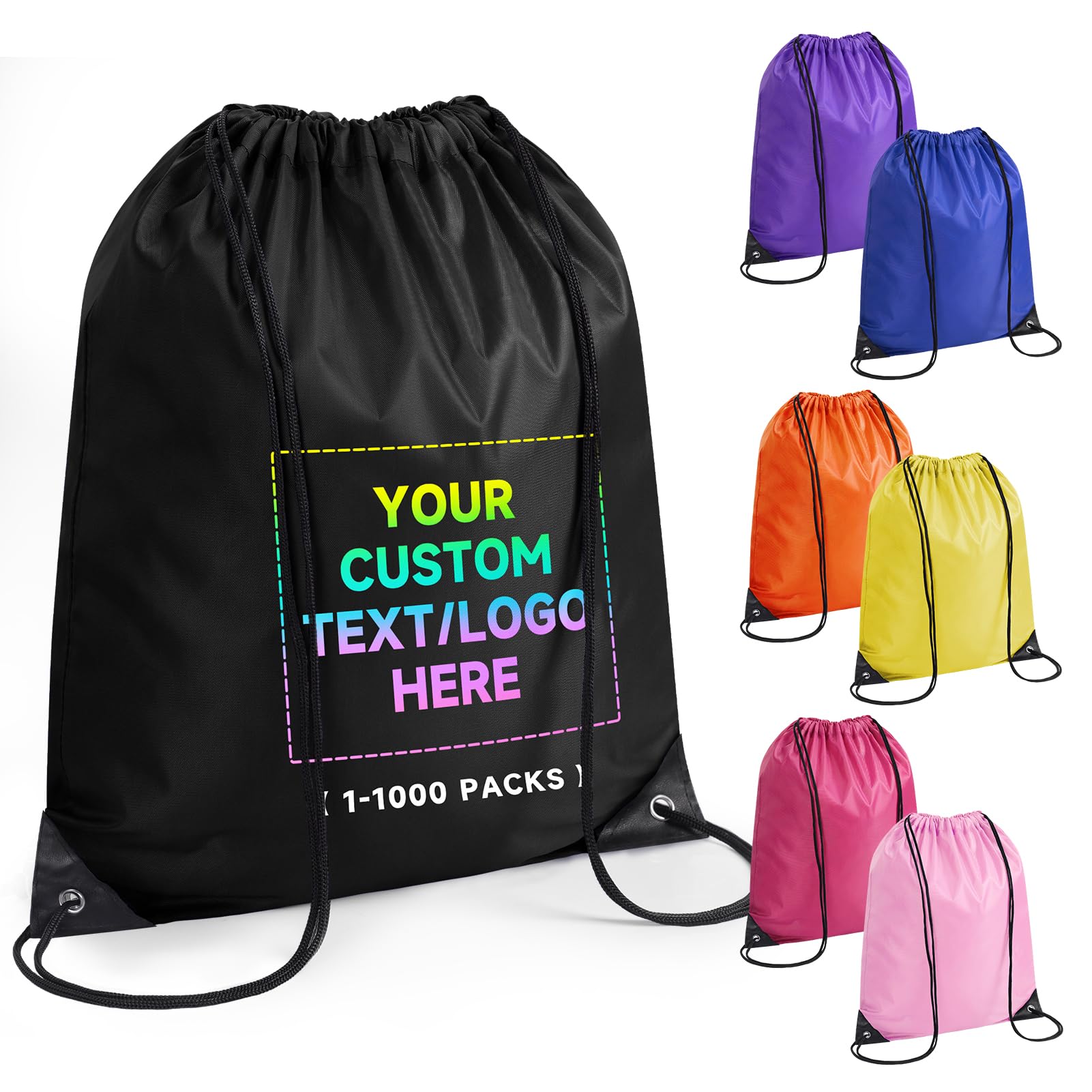 Chrifansi Custom Drawstring Bags With Logo, 10 Pack Personalized Text Drawstring Backpack Bulk Great for Travelling, Gym and for Everyday Use (Black)