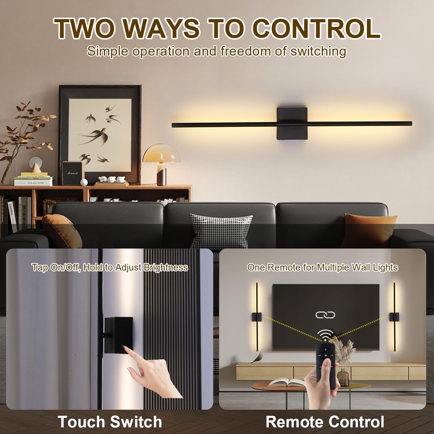 2 Piezas Apliques de Pared LED Sin Cable, USB Recargable Lámpara de pared con Mando y Control Táctil, 6000mAh Batería Luz de Pared Regulables, 350° Giratorio, para Sala de Estar Dormitorio, Negro 80CM