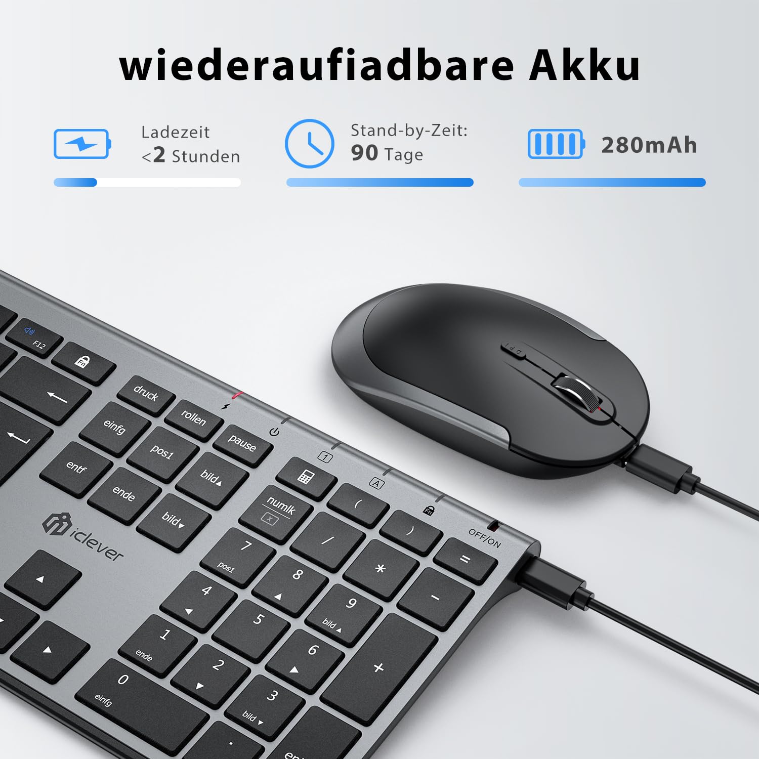 iClever Bezprzewodowa klawiatura i mysz 2,4 G, możliwość ponownego ładowania, oryginalny rozmiar, smukła, cienka i wytrzymała klawiatura do Windows 7/8/10, Mac OS