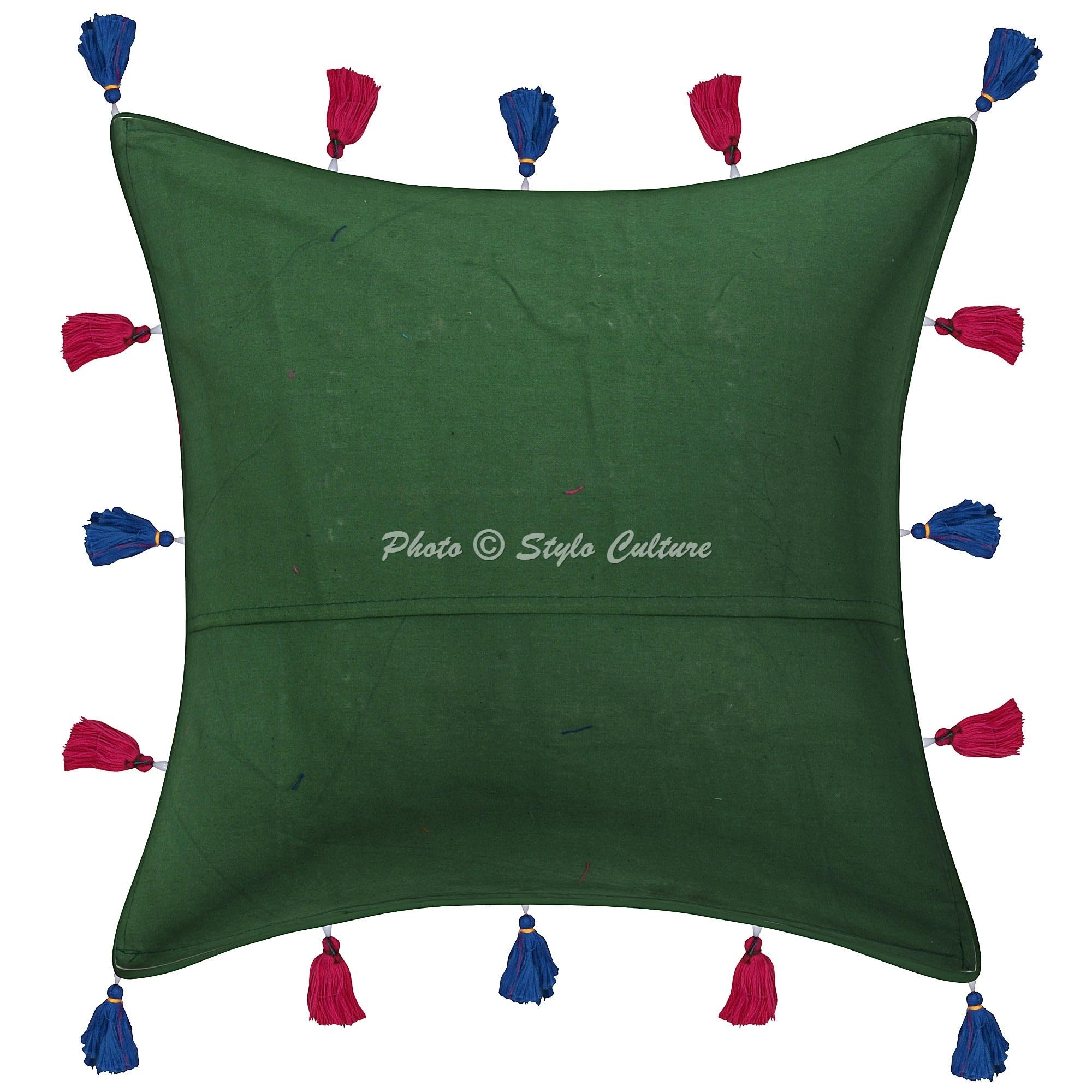 Indische Dekorativ Baumwolle Sofa Kissenbezüge 40x40 cm Dunkelgrün Dekokissen Gesticktes Patchwork Wohnzimmer Couch Kissenhullen Blumen Quadrat Umschlagverschluss Kissen Bezüge - 4 STK.