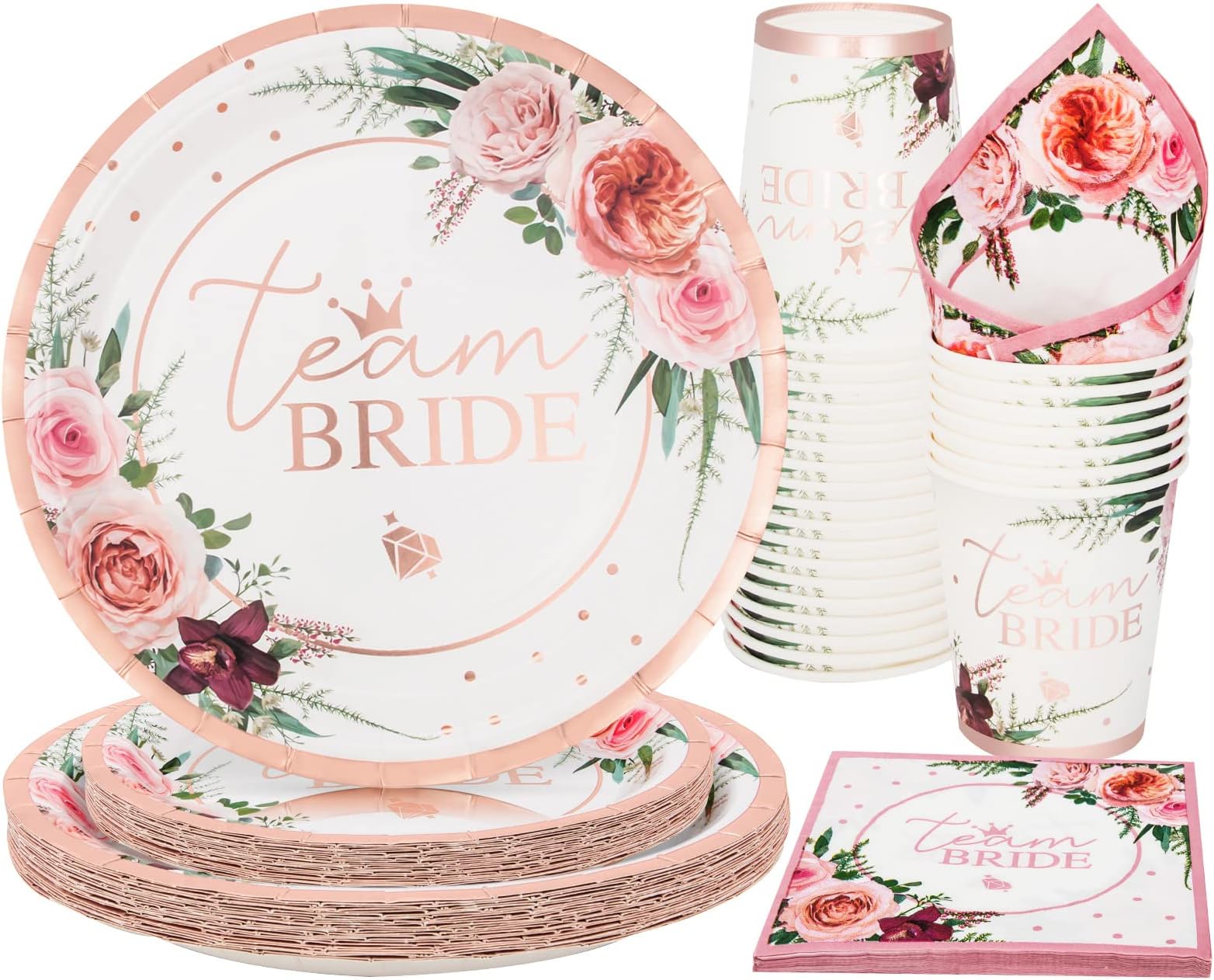 PARTY GO 100PCS Team Bridal Shower Party Supplies Bachelorette Paper Plates Napkins Cups Disposable Tableware Set, Bride Favors Decor for Engagement Wedding Bachelorette Party (25 Guests, Rose Gold)