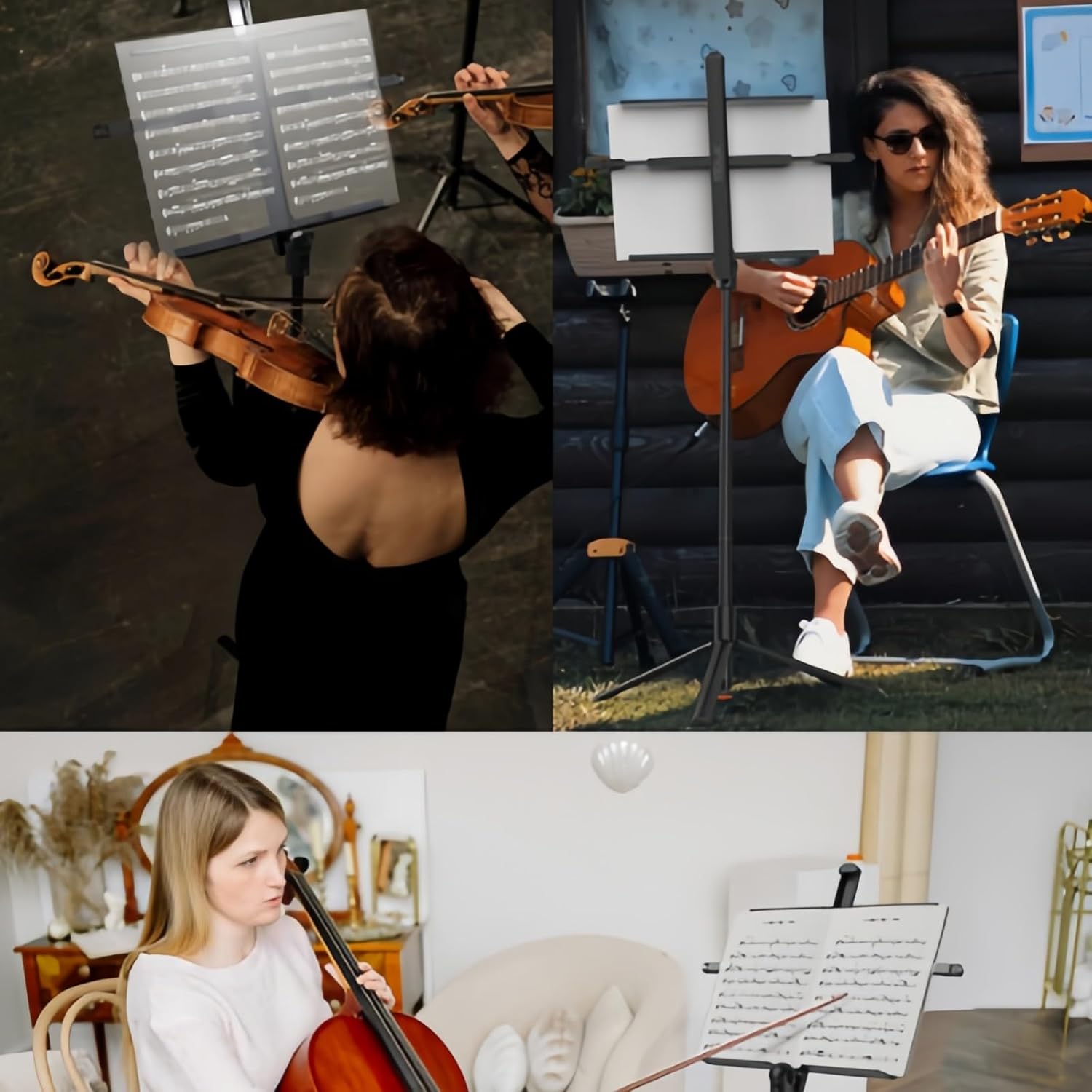 折り畳み式コンパクト譜面台（高さ調節・伸縮可能 立ち座り両用 収納バッグ付） 楽譜立て兼読書台・ブックスタンド 軽量持ち運び便利 ギ