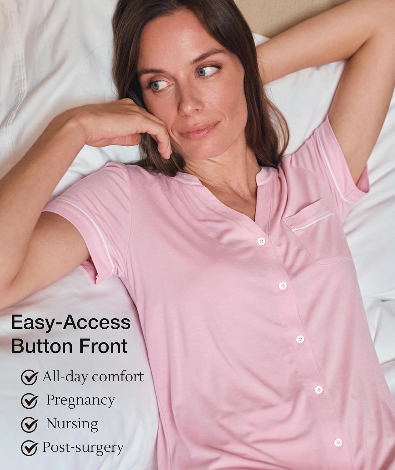 GYS Bamboo Viscose Nightgowns for Women Soft Button Down Short Sleeve Summer V Neck Sleep Dress