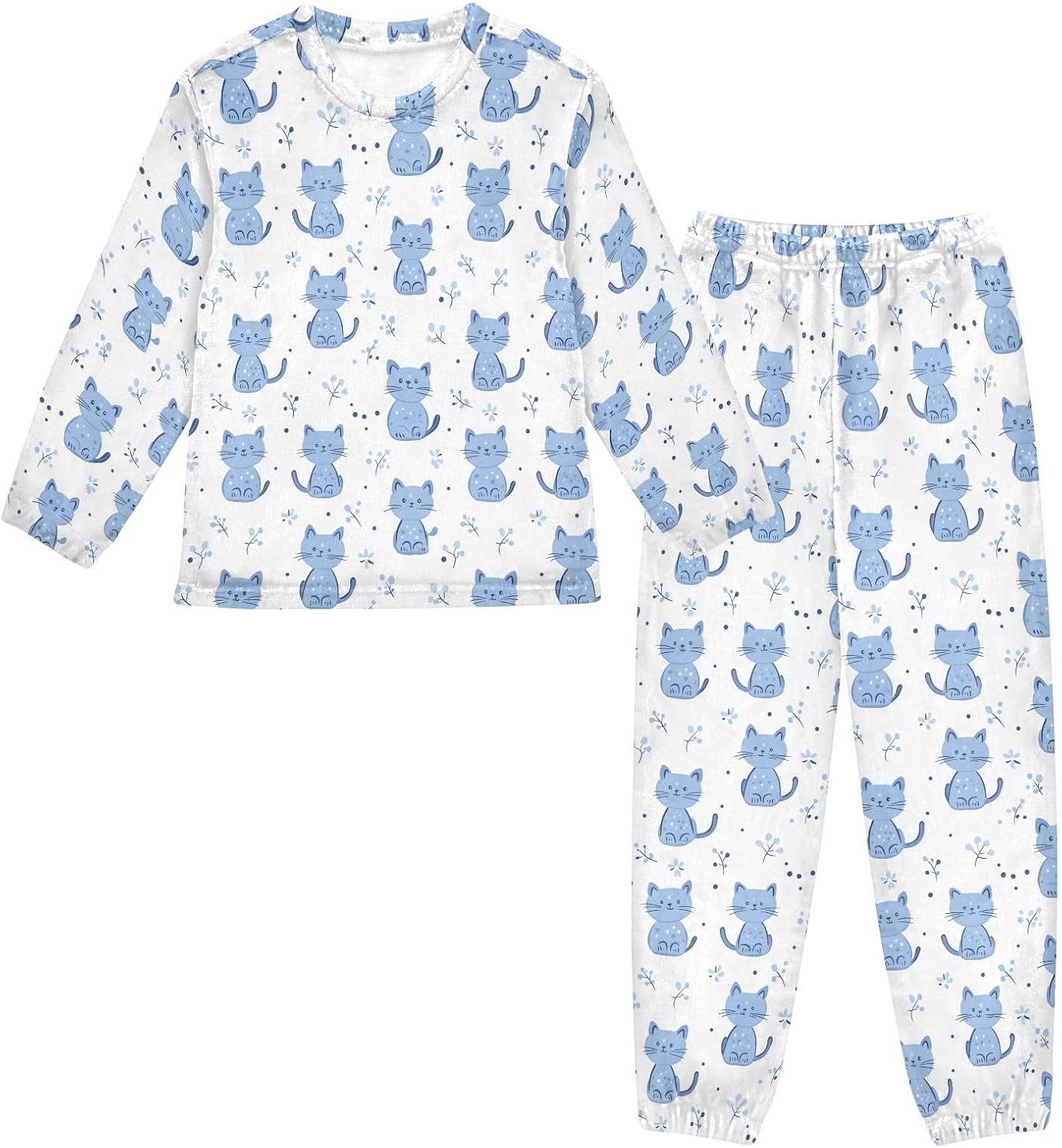 Blue Cartoon Cat Plush Pajama Sets Soft Flannel Fleece Sleepwear