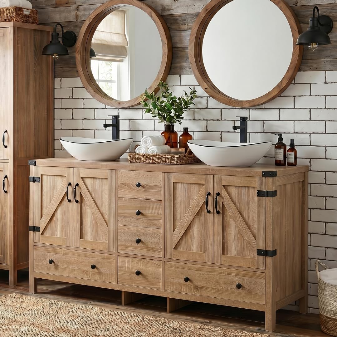 SOLIDEE 60 Inch Natural Color Bathroom Vanity with Two Ceramic Boat Sinks