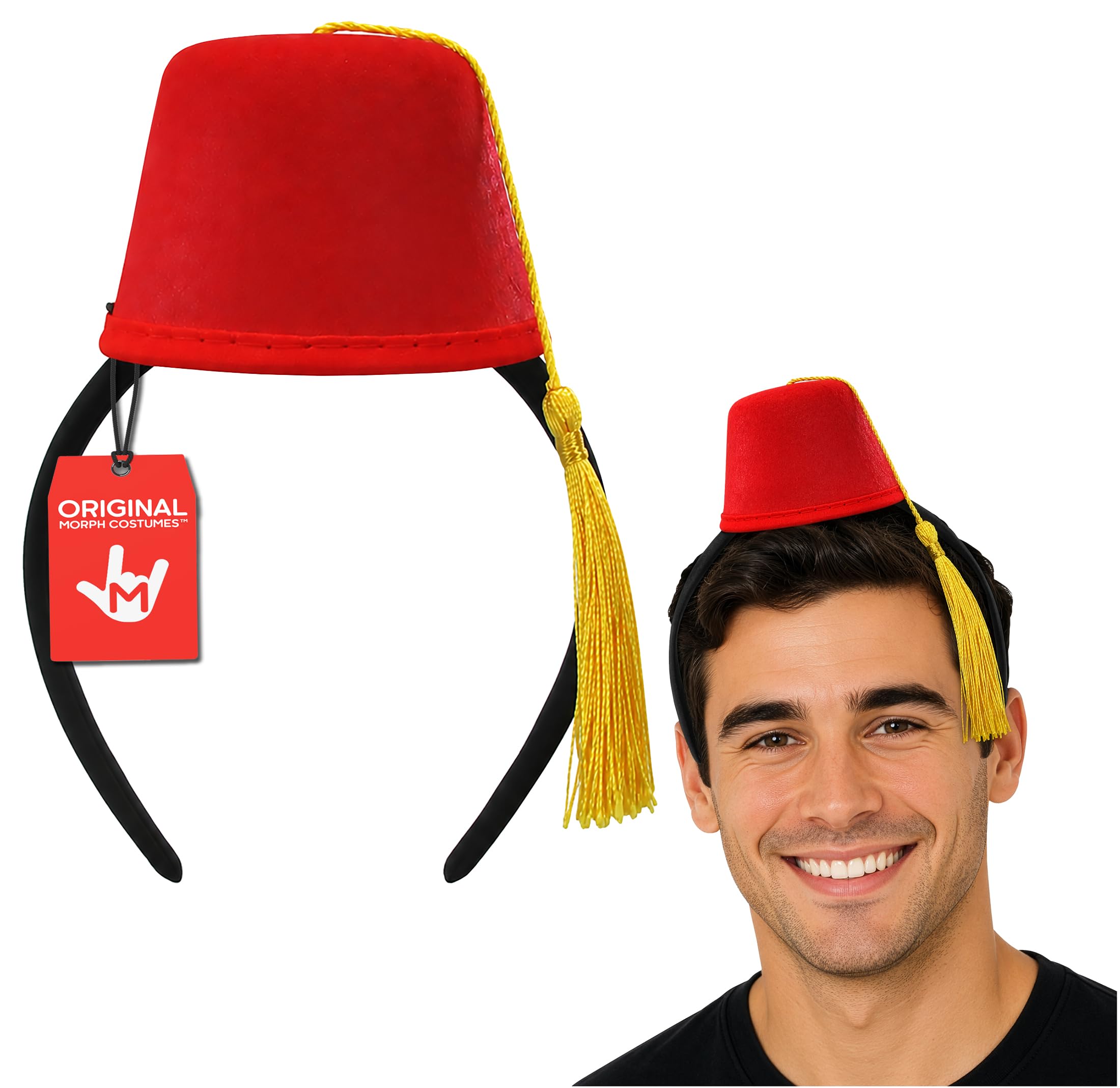 Nicky Bigs Novelties Adult Costume Accessory Mini Fez Hat Headband - Red Felt Fez for Turkish Hat Costumes, Bellhop, Shriner, Sultan, Tarboosh, or Arabian Hats Costume Accessory - One Size, Black/Red