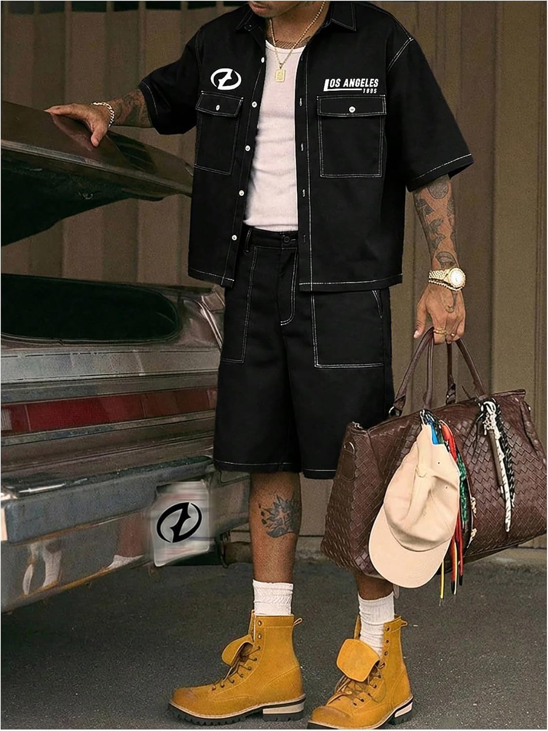GORGLITTER Men's Baggy Track Suits Stitch Shirt Cargo Shorts Streetwear Set