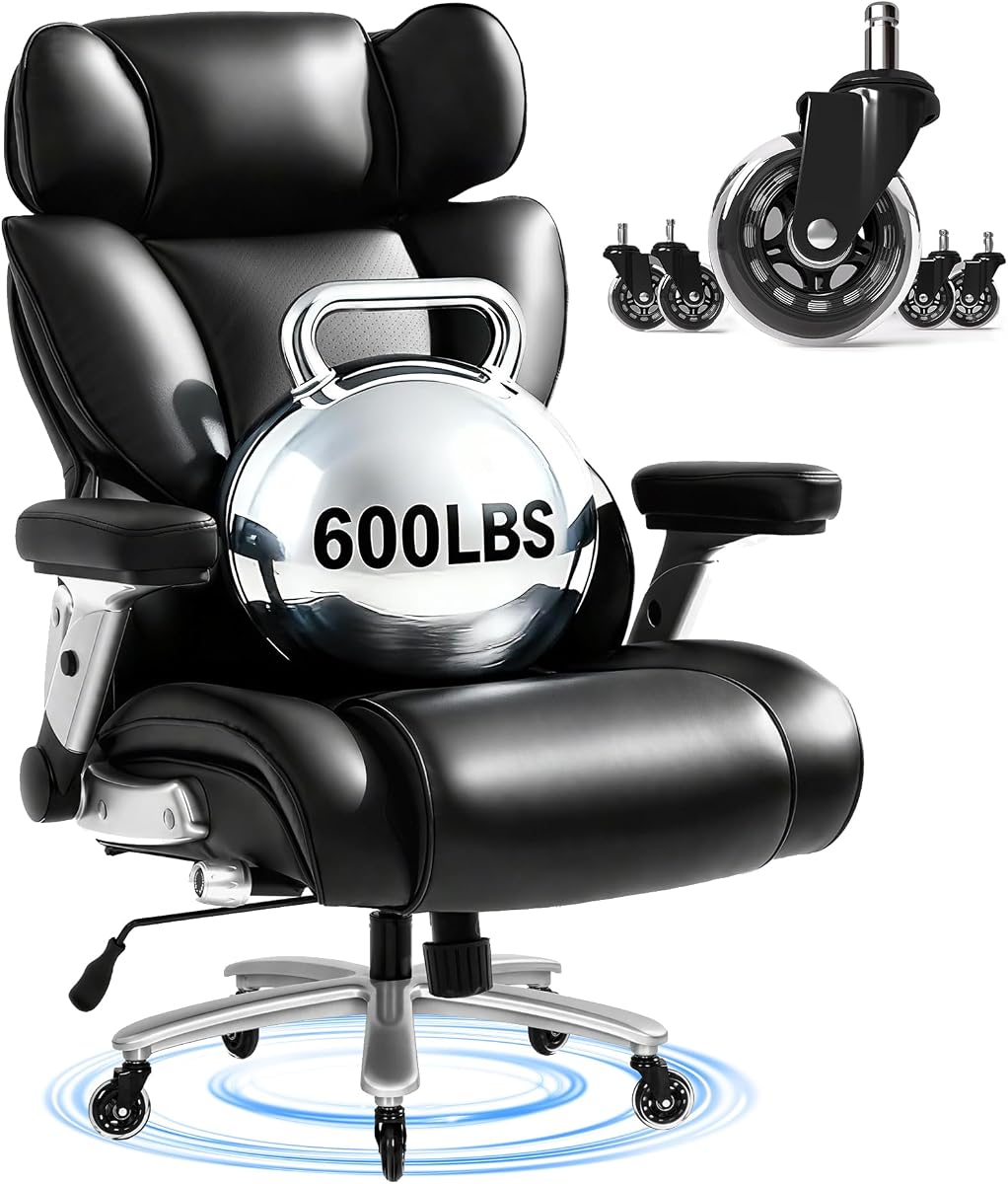 FLEXISPOT Silla de oficina grande y alta de 600 libras para personas pesadas, silla de escritorio para computadora resistente con soporte lumbar dinámico, ruedas de hoja de apoyabrazos 2D, sillas para el hogar, oficina, juegos, trabajo, cuero, negro