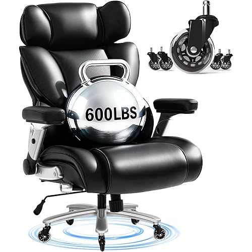 FLEXISPOT 600lbs Big and Tall Office Chair for Heavy People, Heavy Duty Computer Desk Chair with Dynamic Lumbar Support 2D Armrest Blade Wheels, Chairs for Home Office Gaming Working, Leather, Black