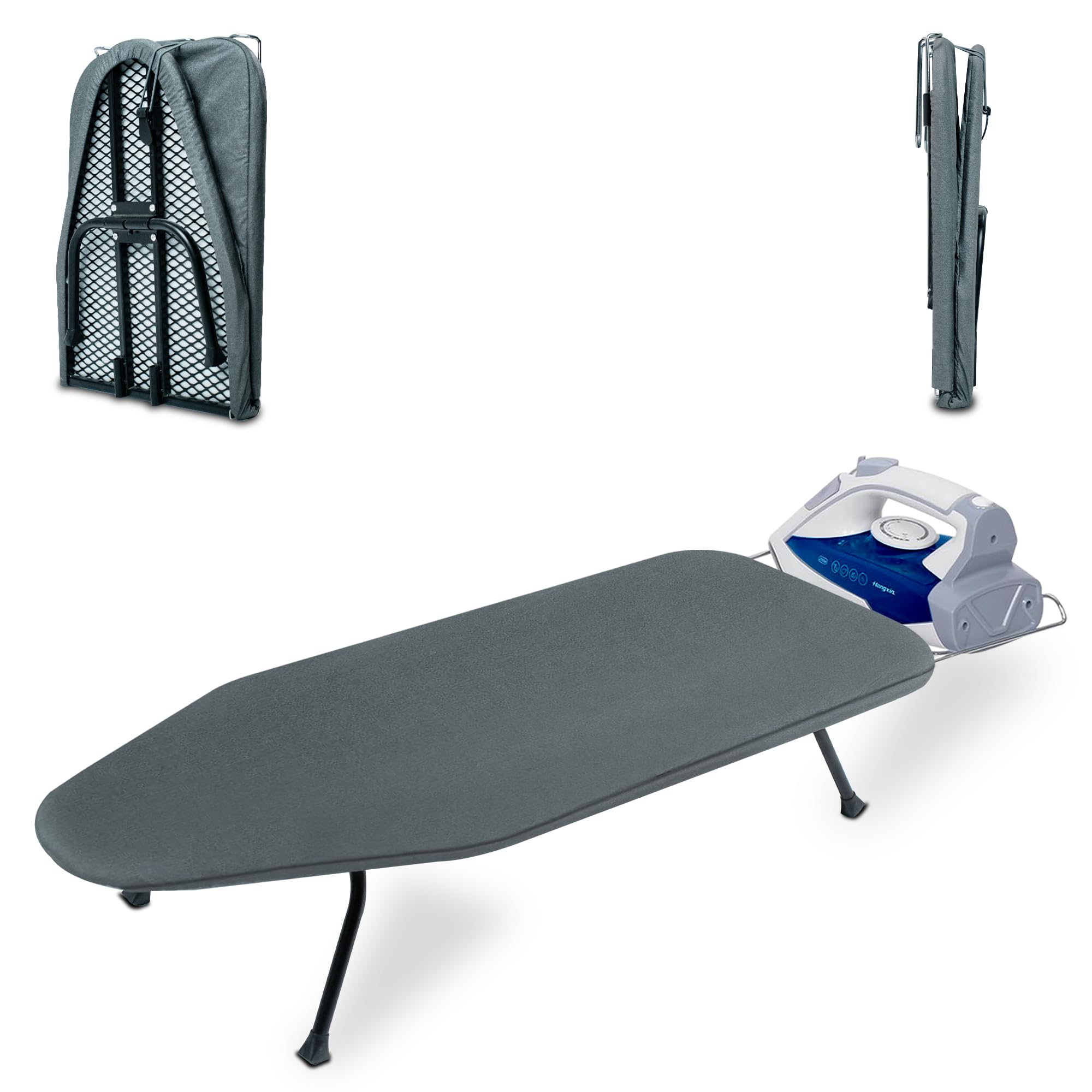 OXZOR grey foldable ironing board on kitchen counter