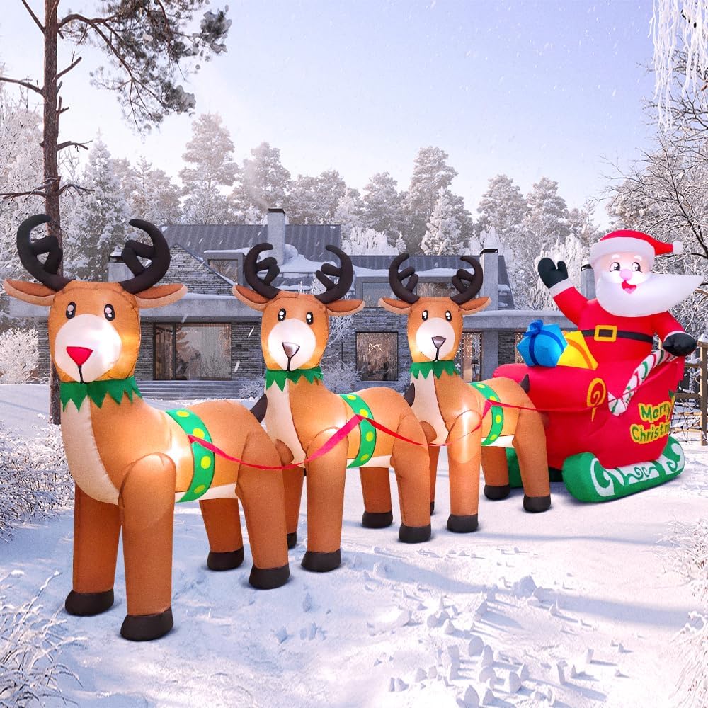 KOOY 12FT Christmas Inflatables Santa Claus on Sleigh with Reindeer Deer Merry Christmas Winter Blow up Yard Décor LED Light for Xmas Party Holiday Outdoor Lawn Xmas New Year Kids Gifts