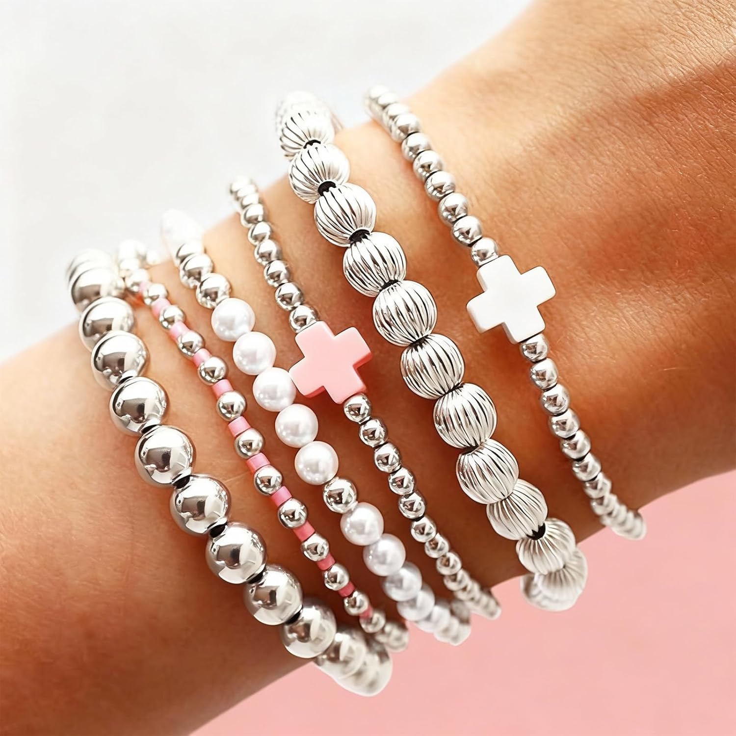 5PCS Gold Beaded Bracelets for Women Dainty Pearl Trendy Jewelry Clay Stack Stretch Bracelets Birthday Valentines Day Gifts for Women - Image 2