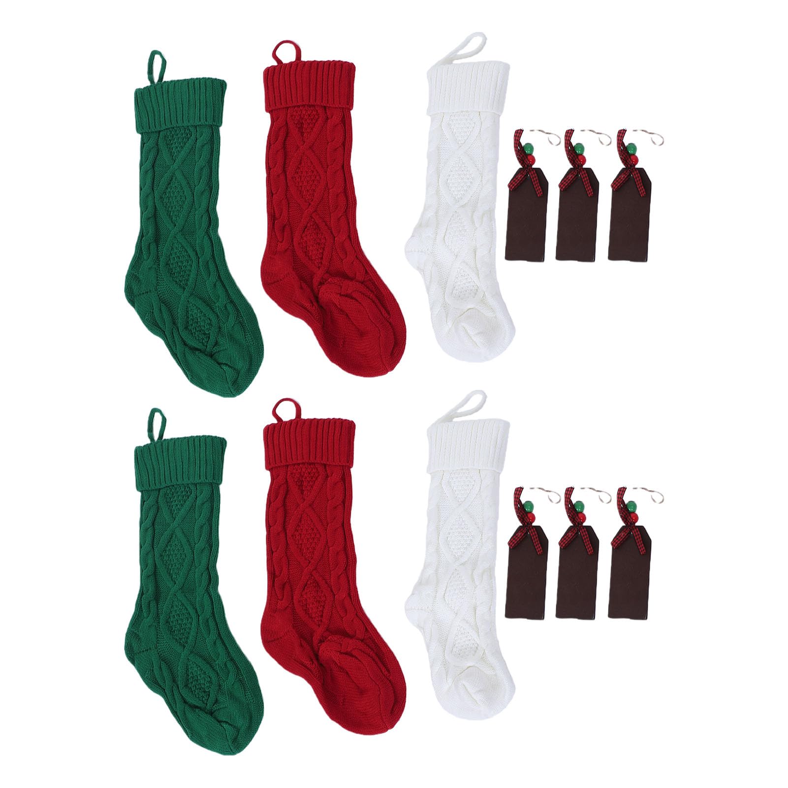 6er-Pack Weihnachtsstrümpfe-Set, Gestrickte Wolle | Namensschilder aus Holz, weiß, rot, grün, große Weihnachtsstrickstrümpfe, Zopfstrick-Weihnachtsstrümpfe